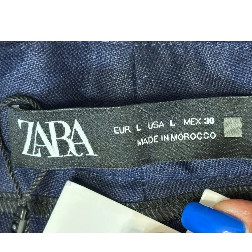 Zara Trousers Womens L Navy Blue 100% Linen High Waisted Wide Leg NWT